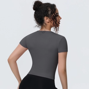 Slim fit dark grey sports T-shirt with breathable fabric shown from a 45-degree back view