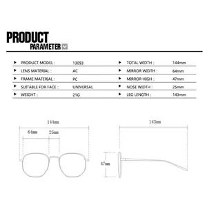Size guide for round sunglasses showing dimensions of lens width, bridge, and temple length