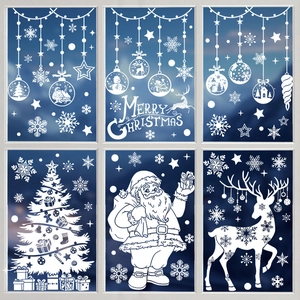 White Christmas snowflake static window stickers set featuring Santa and reindeer silhouettes