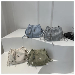Women Wrinkled PU Leather Drawstring Bucket Bag Metal Butterfly Decor Chain Shoulder Handbag Ins Style Fresh