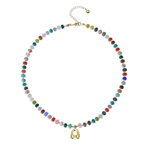 Bohemian Natural Stone Beaded Necklace Colorful Turquoise Crystal With Copper Bubble Initial Alphabet Letter Pendant For Women