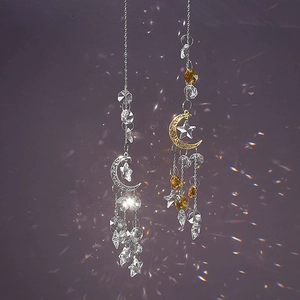 Star and moon crystal suncatcher pendants with hanging prisms in gold and silver finish