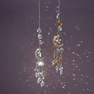 Star and moon crystal suncatcher pendants with hanging prisms in gold and silver finish