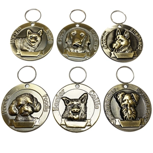 Set of 6 bronze metal dog ID tags with 3D breeds relief for pet collars and identity