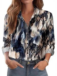Elegant women's long sleeve blouse with abstract marble print and lapel collar design