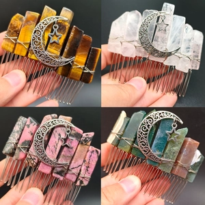 Natural Crystal Hair Comb With Metal Moon And Star Charms Handmade Bohemian Headpiece For Women Wedding