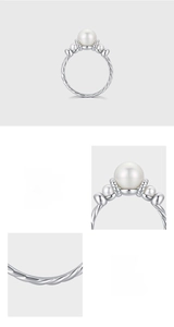Detailed view of S925 sterling silver twist band and lustrous pearl inlay craftsmanship