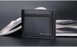 Close-up of black men's wallet with embossed geometric pattern and logo on leather