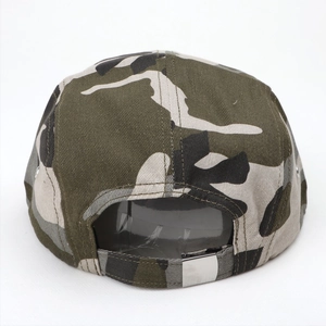 Detail of camouflage baseball cap featuring silver adjustable metal buckle on back