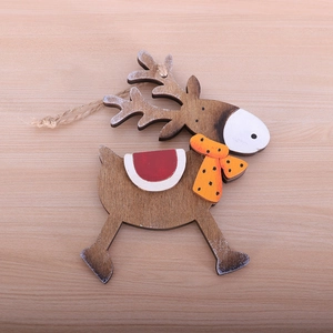 Rustic wooden reindeer Christmas tree hanging ornament with red saddle and orange scarf
