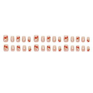 Sweet cherry and star design nude press-on nails with 24 pieces in short square shape