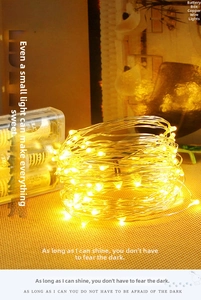 Macro shot of warm white copper wire LED string lights with clear battery box case