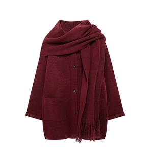 Women's burgundy knit coat with integrated scarf and tassel detail in loose fit