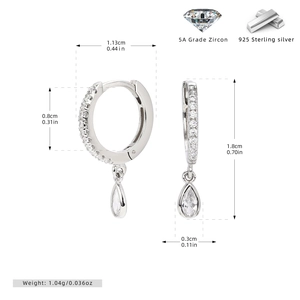 Detailed size specifications for sterling silver drop earrings with 5A grade zircon