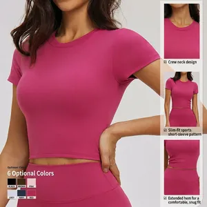 Tight yoga top for women in rose red rib knit with a slim fit and crew neck style