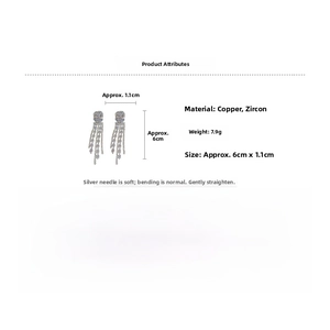 Detailed view of silver-tone tassel earrings with cubic zirconia and size dimensions