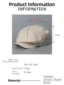 Größentabelle für beige Leinen-Schirmmütze mit 54-57,5 cm Kopfumfang und Maßen