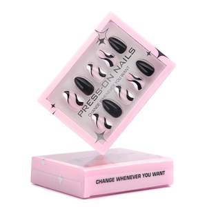 Pink and black press-on nails with abstract swirls in a branded starry display box