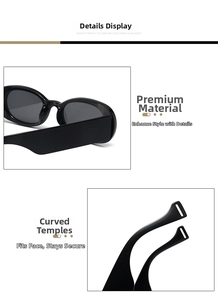 Detail view of retro oval sunglasses with thick glossy black frames and curved temples