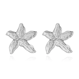 Detailed close-up of silver starfish stud earrings with textured metallic finish