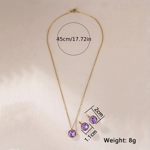 Detail showing dimensions of gold purple cubic zirconia necklace and earrings set