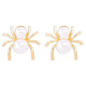 Vintage style gold spider earrings with white pearls, minimalist white background view