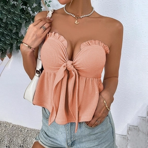 Waffle Knit Tube Top Strapless Bow Tie Front Ruffle Trim Sexy Casual Summer Crop Top For Women