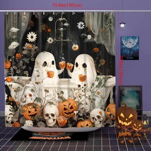 Detail showing Halloween shower curtain size 180x180cm with ghost and pumpkin pattern