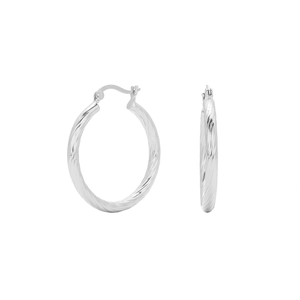 Detailed view of S925 sterling silver stamp on twisted hollow hoop earrings with clasp