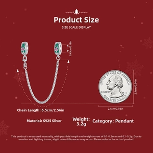 Size chart for S925 silver Christmas safety chain pendant with coin for scale
