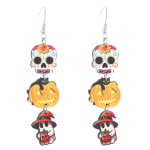 Detail of wooden Halloween drop earrings featuring skull, pumpkin, and ghost charms