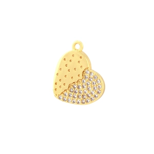 Detailed view of heart-shaped gold plated charm with micro-set cubic zirconia crystals