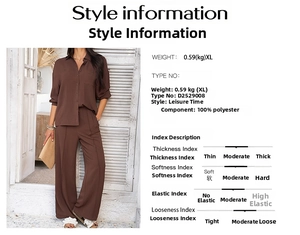 Size chart for two-piece solid brown loungewear set with shirt and wide-leg trousers