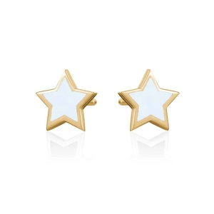 Close-up of gold star stud earrings with white enamel inlay and soft mirror reflection