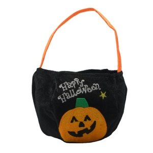 Black velvet Halloween pumpkin candy bag with orange handle and Happy Halloween embroidery