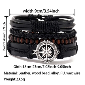 Detail view of multilayer braided leather bracelet with compass charm and size parameters