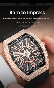 Macro shot of rose gold tonneau watch set with crystals and black silicone strap