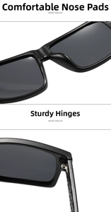 Detail of polarized sunglasses showing integrated nose pads and durable metal hinges
