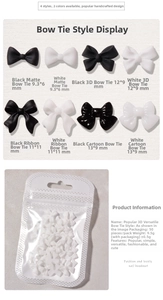 Detail view of 50pcs black and white resin bow nail charms in various sizes and styles