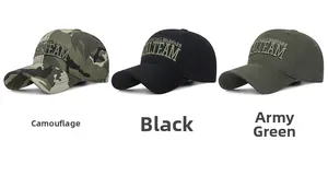 Detailed embroidery on tactical baseball caps in camo, black, and army green colors