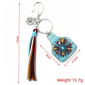 Boho western bull tag keychain with multi-color tassels and sunflower wood print design
