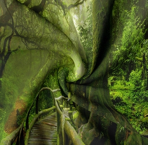 Detail of silk-like tropical forest tapestry fabric showing realistic digital printing