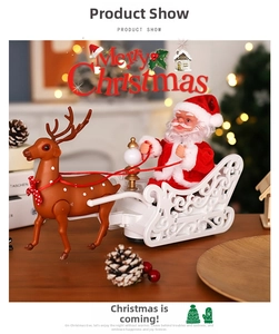 Detail of electric Santa Claus on reindeer-drawn sleigh with wheels for holiday decor