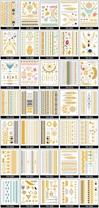 Catalog view of metallic gold and silver temporary tattoo designs in bohemian geometric patterns