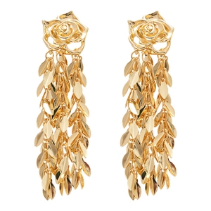 Golden rose stud earrings with long layered metal leaf tassels in vintage style