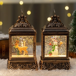 Vintage bronze Christmas lanterns with glitter water and warm LED elk and snowman decor
