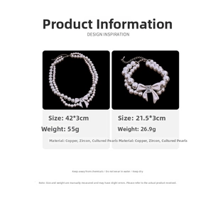 Detail view of double-layer pearl necklace and bracelet set with crystal bow charm