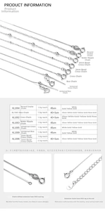 Detailed size chart for S925 sterling silver chain necklaces showing weights and lengths