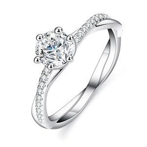 Élégante bague de fiançailles torsadée en argent avec moissanite ronde et pavé de diamants