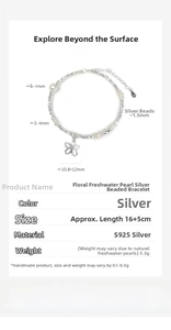 Detail specifications of S925 silver flower bracelet with freshwater pearls and silver beads